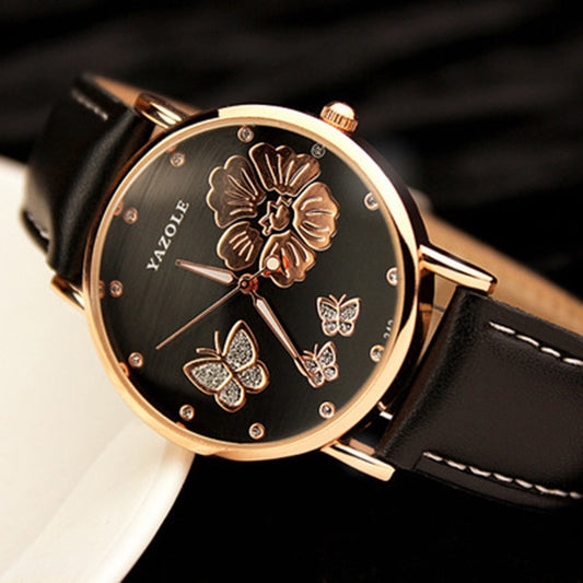 Yazole Butterfly Flower Bling Genuine Leather Quartz