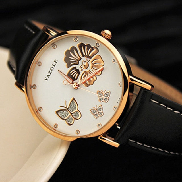 Yazole Butterfly Flower Bling Genuine Leather Quartz