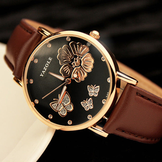 Yazole Butterfly Flower Bling Genuine Leather Quartz