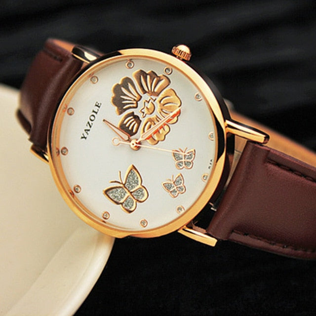 Yazole Butterfly Flower Bling Genuine Leather Quartz