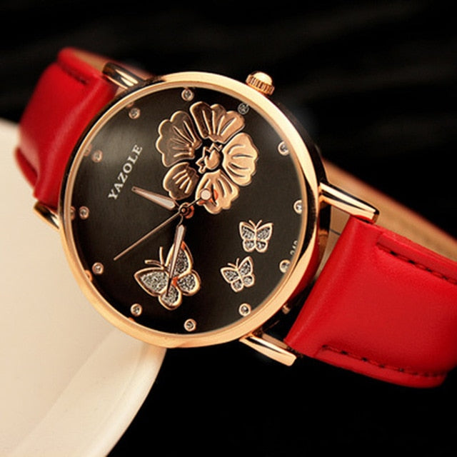 Yazole Butterfly Flower Bling Genuine Leather Quartz