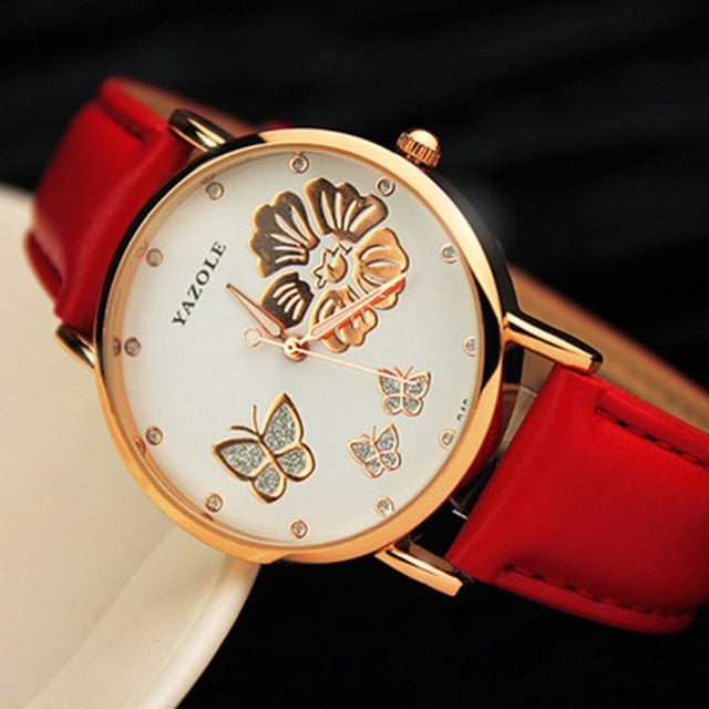 Yazole Butterfly Flower Bling Genuine Leather Quartz