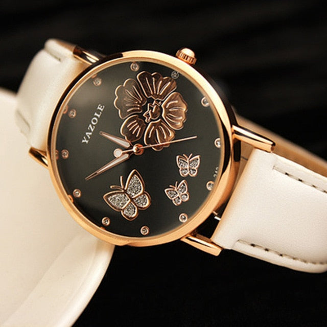 Yazole Butterfly Flower Bling Genuine Leather Quartz