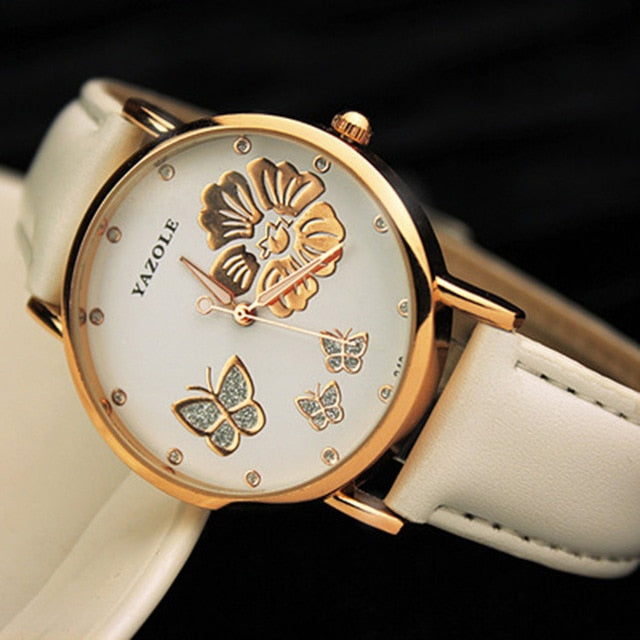 Yazole Butterfly Flower Bling Genuine Leather Quartz