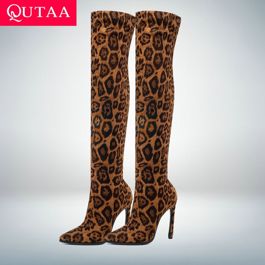 Leopard Sexy High Heel Pointed Toe Over The Knee Boots Women Shoes Size 34-43