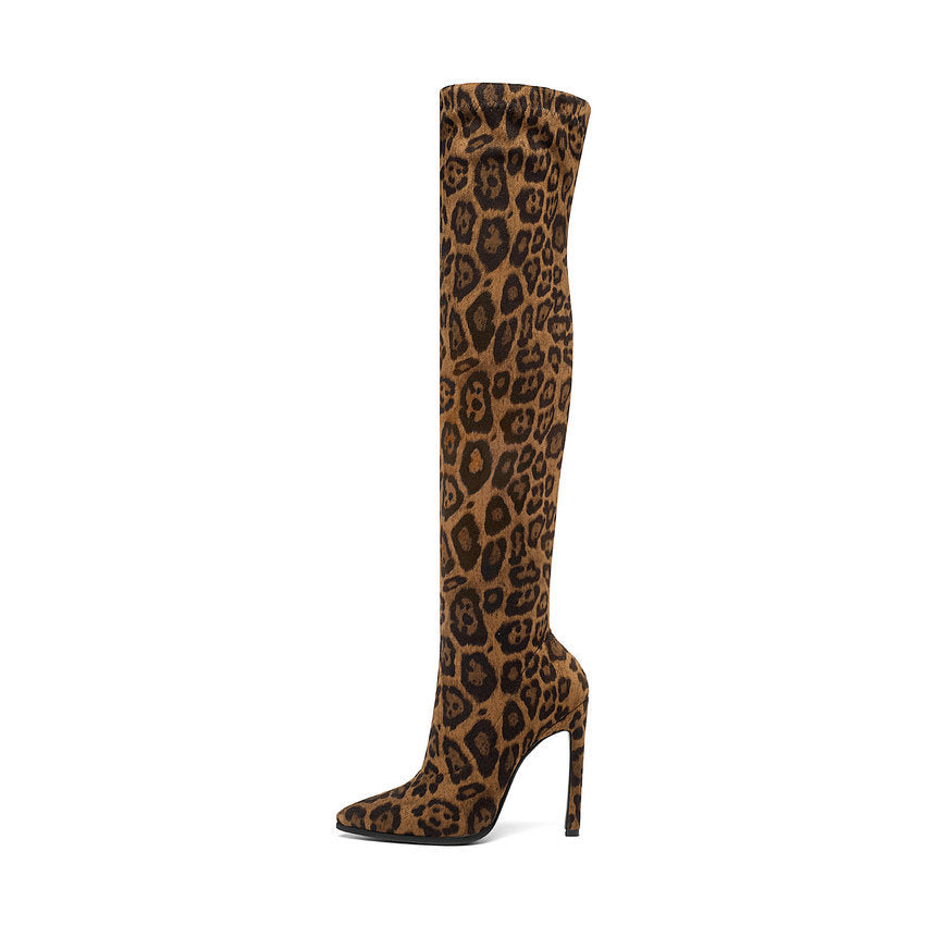 Leopard Sexy High Heel Pointed Toe Over The Knee Boots Women Shoes Size 34-43