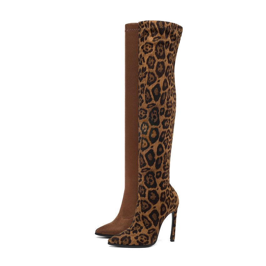 Leopard Sexy High Heel Pointed Toe Over The Knee Boots Women Shoes Size 34-43