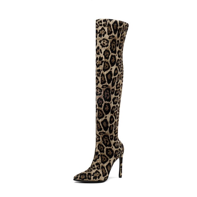 Leopard Sexy High Heel Pointed Toe Over The Knee Boots Women Shoes Size 34-43