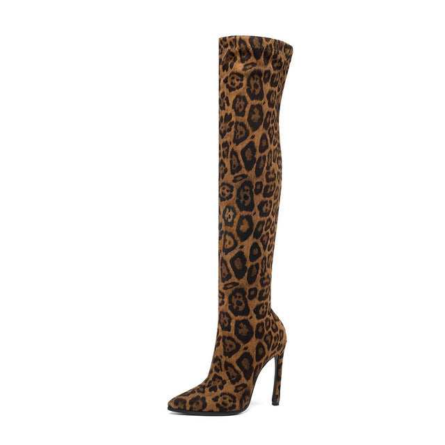 Leopard Sexy High Heel Pointed Toe Over The Knee Boots Women Shoes Size 34-43