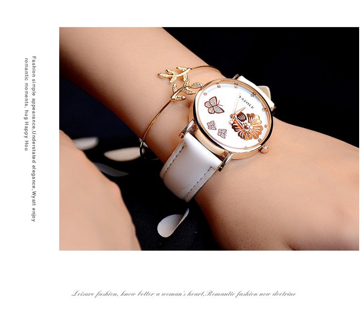 Yazole Butterfly Flower Bling Genuine Leather Quartz