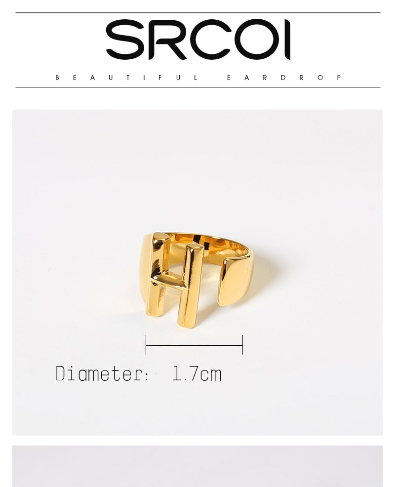 Hollow A-Z Letter Gold Color Metal Adjustable Opening Ring