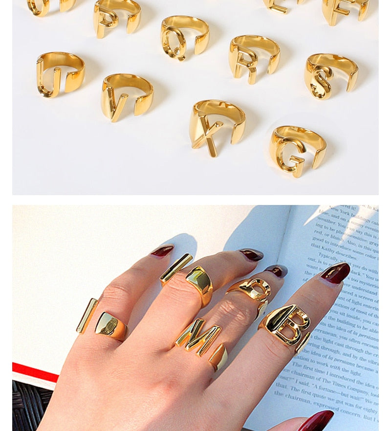 Hollow A-Z Letter Gold Color Metal Adjustable Opening Ring