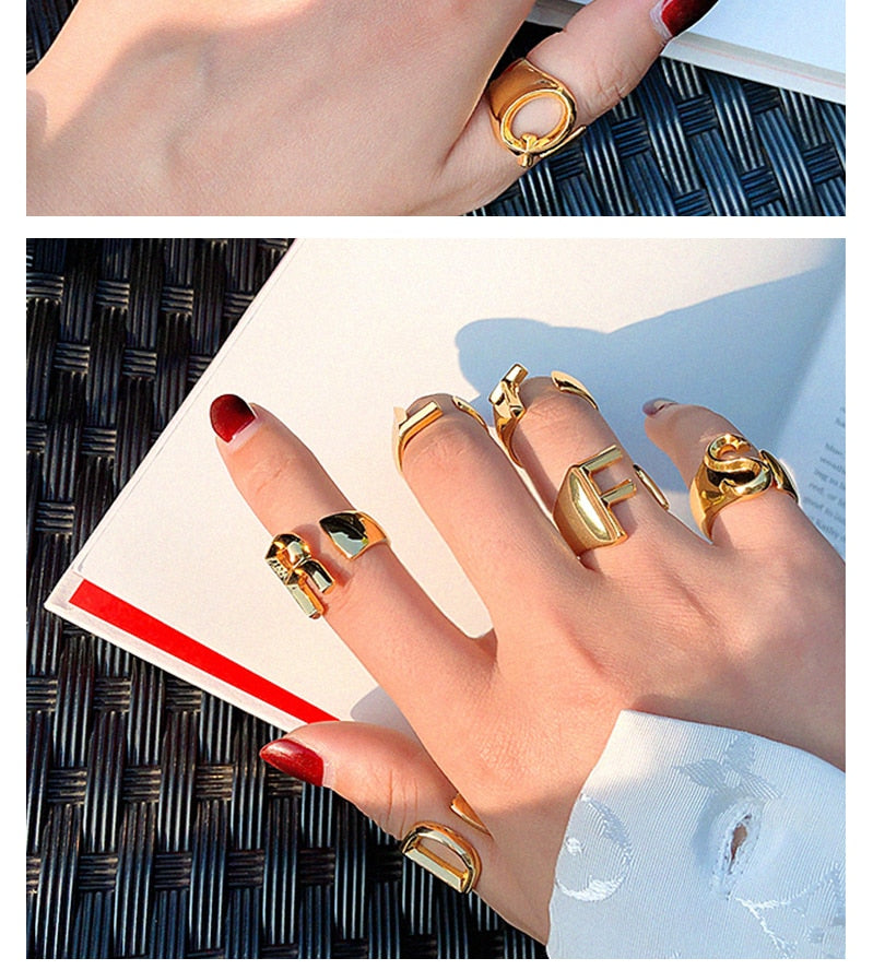 Hollow A-Z Letter Gold Color Metal Adjustable Opening Ring