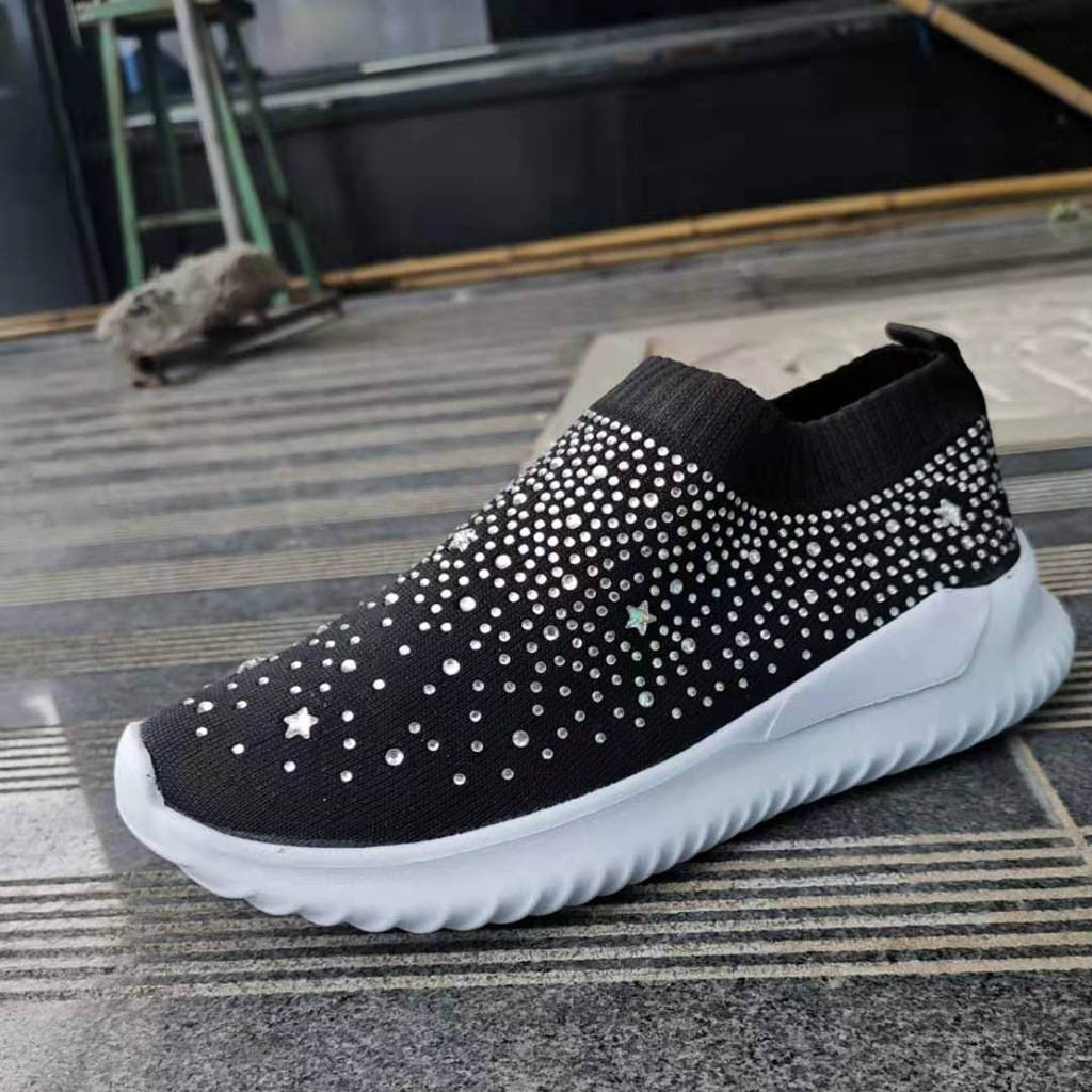 Women's Ladies Ankle Shoes Flat Loafers Crystal Fashion Bling Sneakers Casual