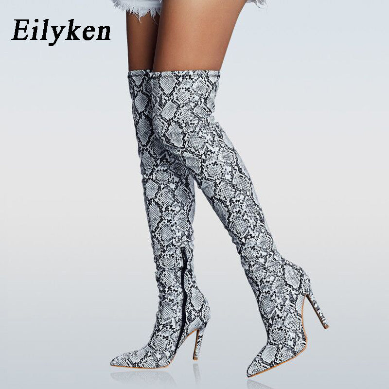 Over the Knee Boots Snake grain High Boots Pointed Toe Zipper Thin High Heels Boots