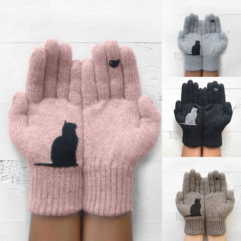 Winter Warm Cold Cashmere Gloves Cat Print