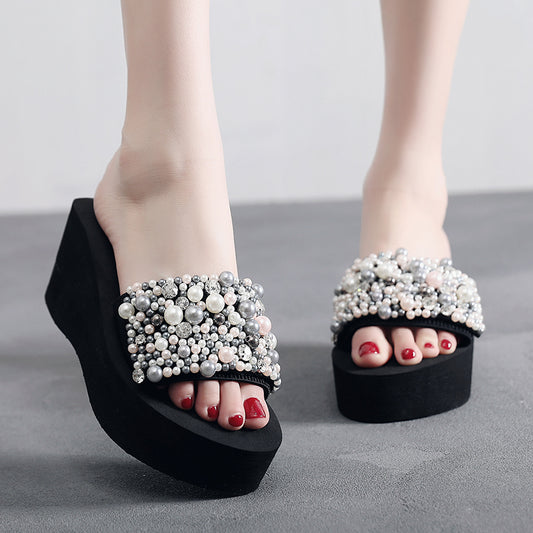 Pearls Slides Women Sandals Heel Slippers