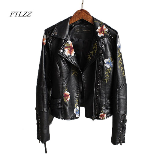 Women Floral Print Embroidery Faux Soft Leather Jacket Coat