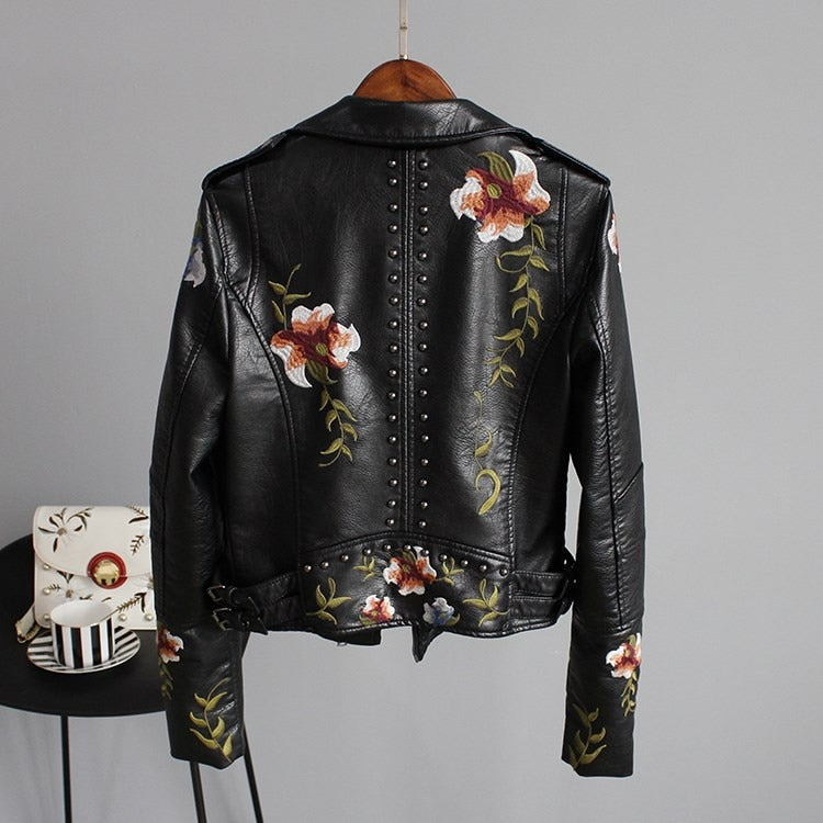 Women Floral Print Embroidery Faux Soft Leather Jacket Coat