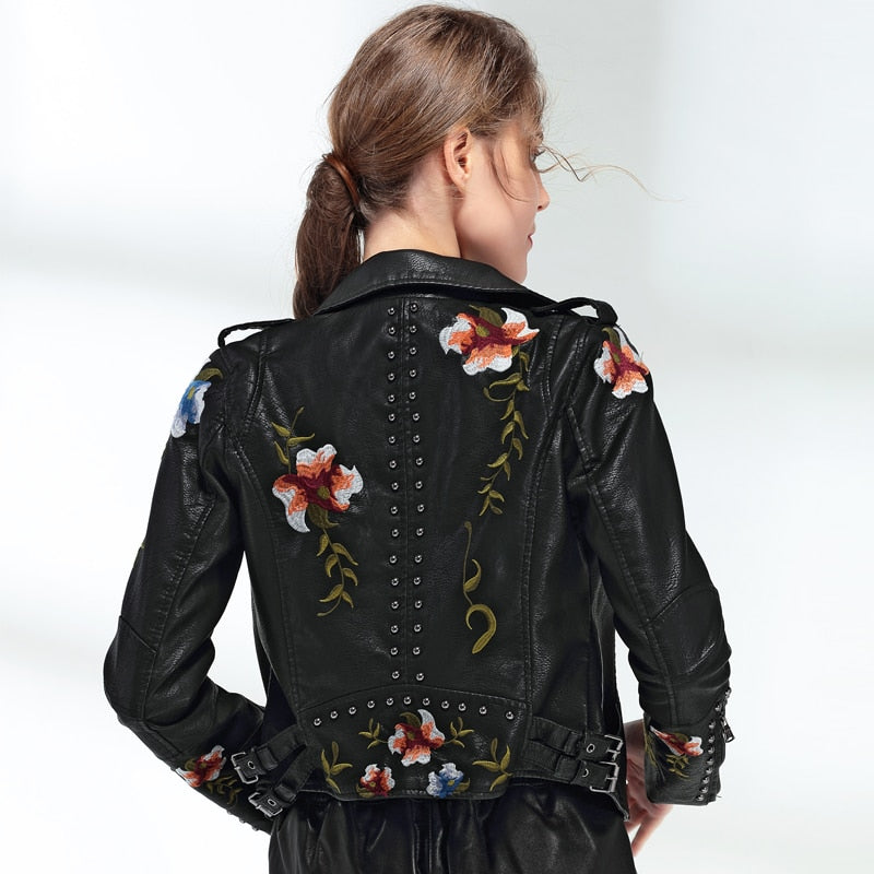 Women Floral Print Embroidery Faux Soft Leather Jacket Coat