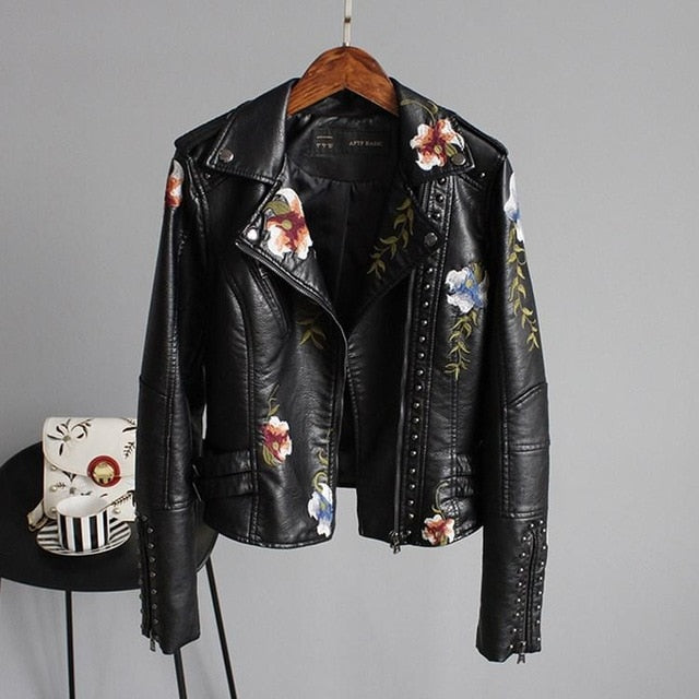 Women Floral Print Embroidery Faux Soft Leather Jacket Coat