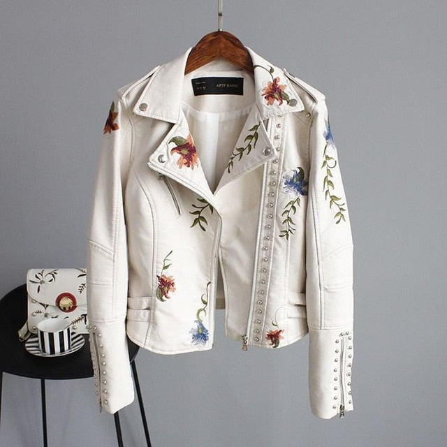 Women Floral Print Embroidery Faux Soft Leather Jacket Coat