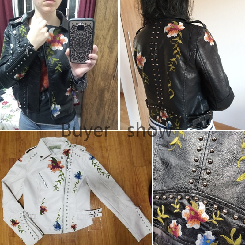 Women Floral Print Embroidery Faux Soft Leather Jacket Coat