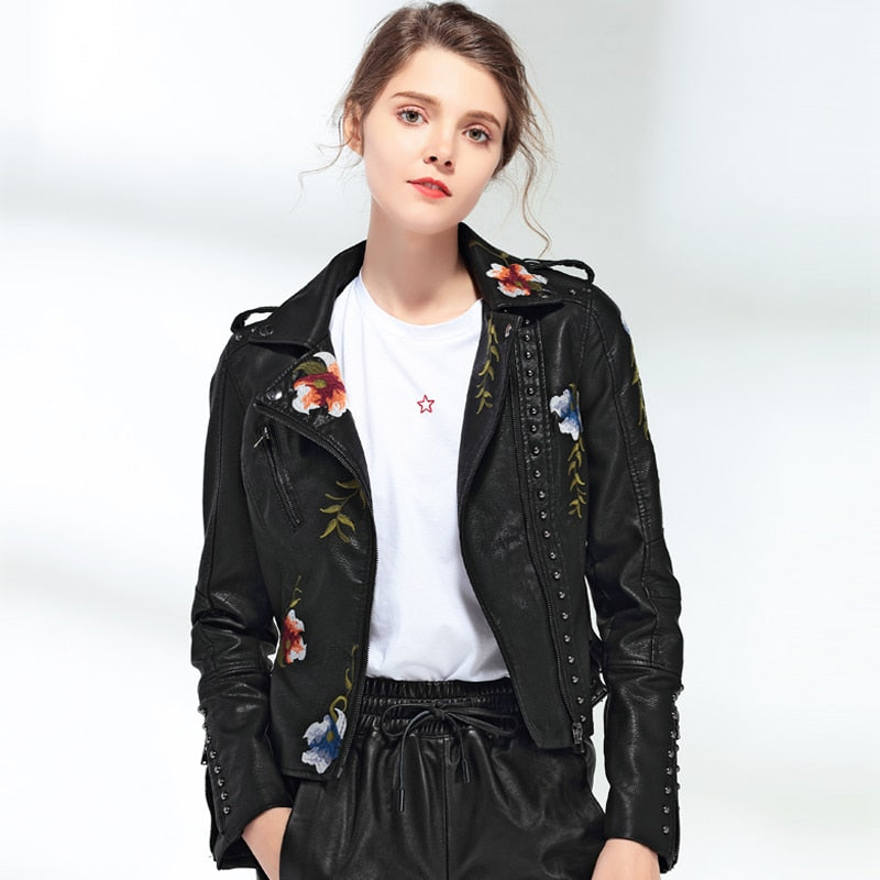 Women Floral Print Embroidery Faux Soft Leather Jacket Coat