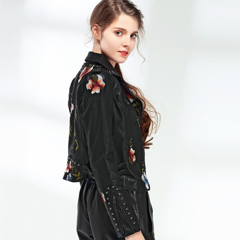 Women Floral Print Embroidery Faux Soft Leather Jacket Coat