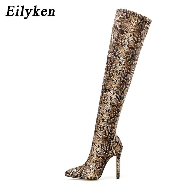 Over the Knee Boots Snake grain High Boots Pointed Toe Zipper Thin High Heels Boots