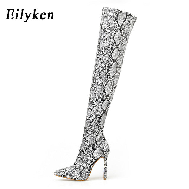 Over the Knee Boots Snake grain High Boots Pointed Toe Zipper Thin High Heels Boots