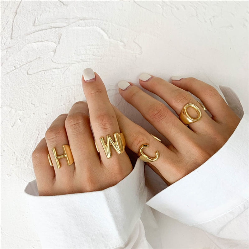 Hollow A-Z Letter Gold Color Metal Adjustable Opening Ring