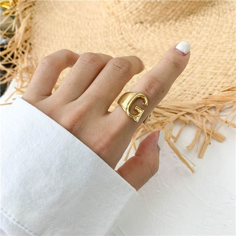 Hollow A-Z Letter Gold Color Metal Adjustable Opening Ring