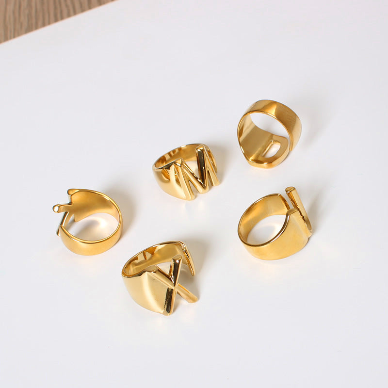 Hollow A-Z Letter Gold Color Metal Adjustable Opening Ring