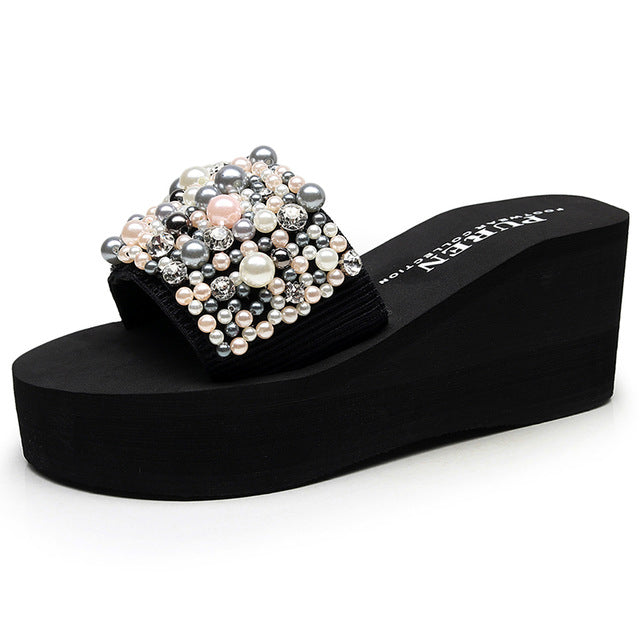 Pearls Slides Women Sandals Heel Slippers