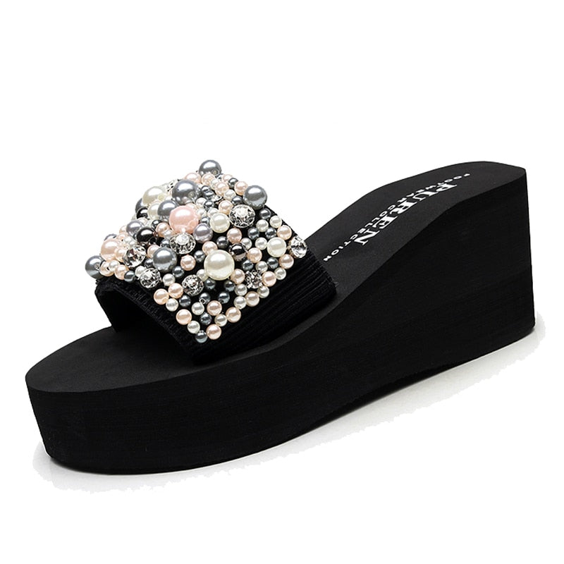 Pearls Slides Women Sandals Heel Slippers