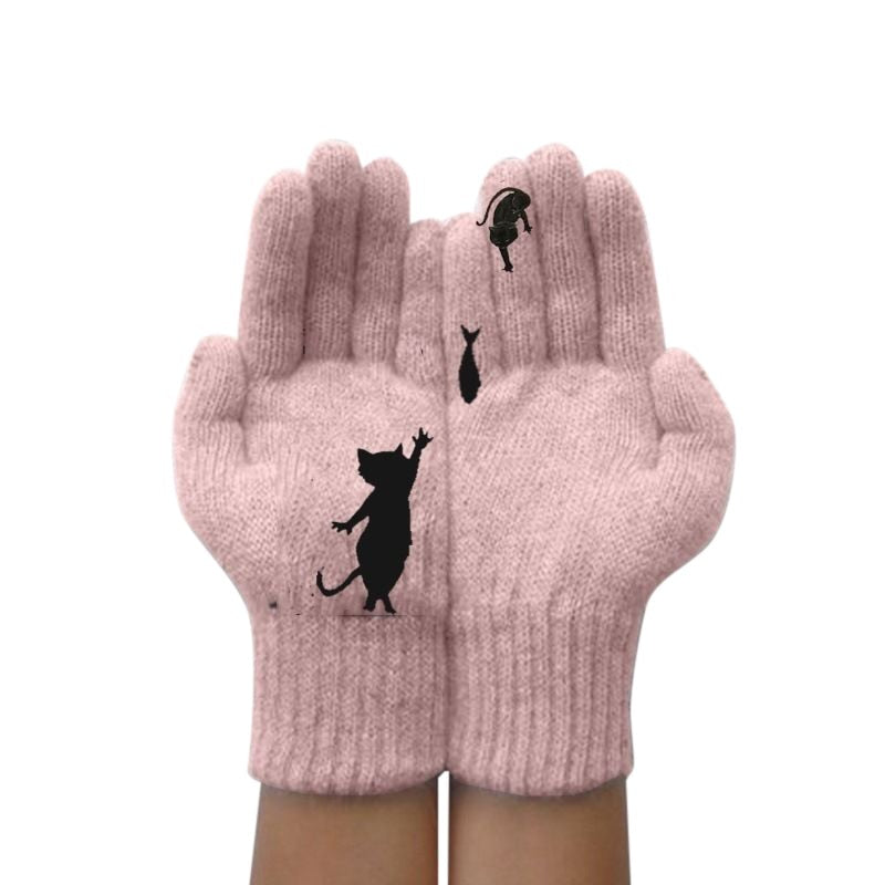 Winter Warm Cold Cashmere Gloves Cat Print