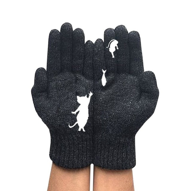 Winter Warm Cold Cashmere Gloves Cat Print