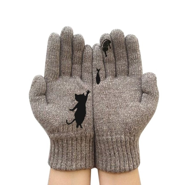 Winter Warm Cold Cashmere Gloves Cat Print