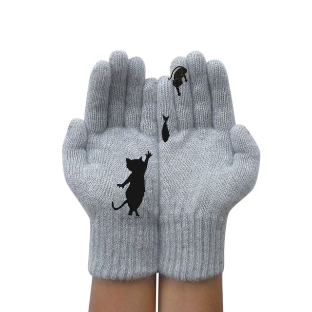 Winter Warm Cold Cashmere Gloves Cat Print