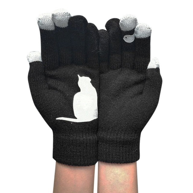 Winter Warm Cold Cashmere Gloves Cat Print