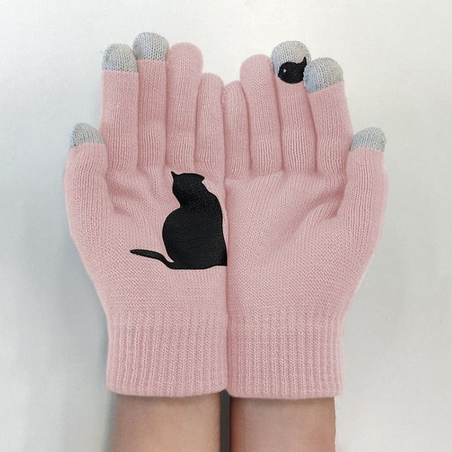 Winter Warm Cold Cashmere Gloves Cat Print