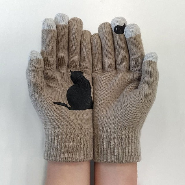 Winter Warm Cold Cashmere Gloves Cat Print