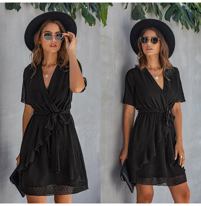 Women Dress Casual Ruffle Bow Lacing-Up