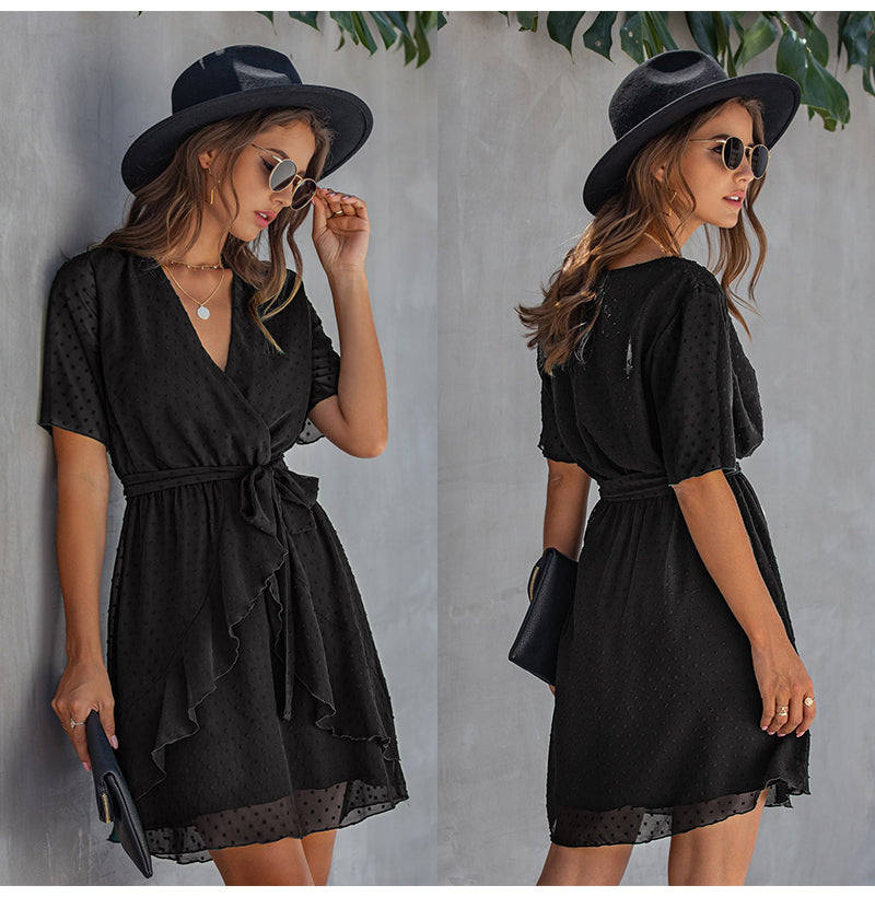 Women Dress Casual Ruffle Bow Lacing-Up