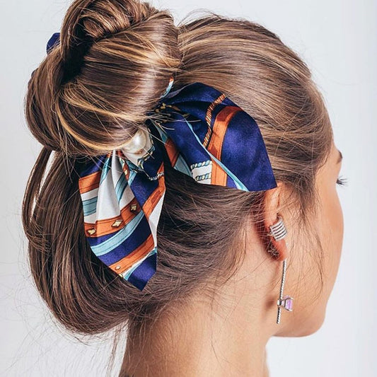 Bowknot Silk Hair Scrunchies with Pearl