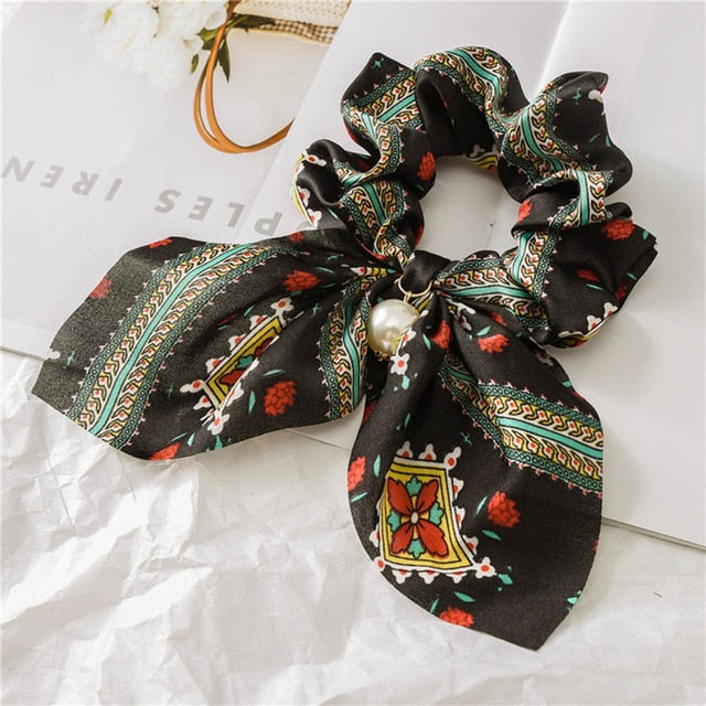 Bowknot Silk Hair Scrunchies with Pearl