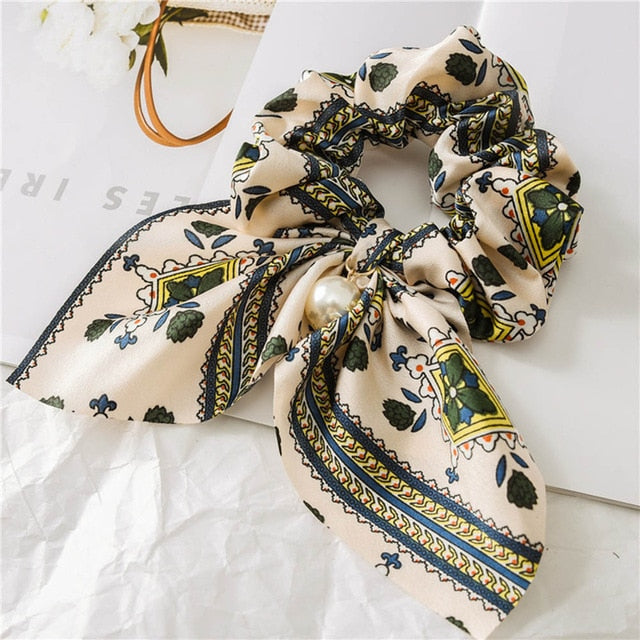 Bowknot Silk Hair Scrunchies with Pearl