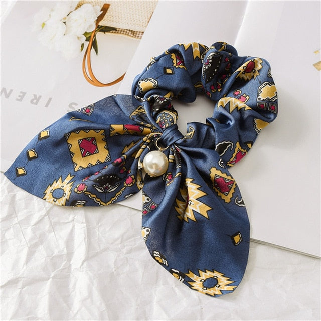 Bowknot Silk Hair Scrunchies with Pearl