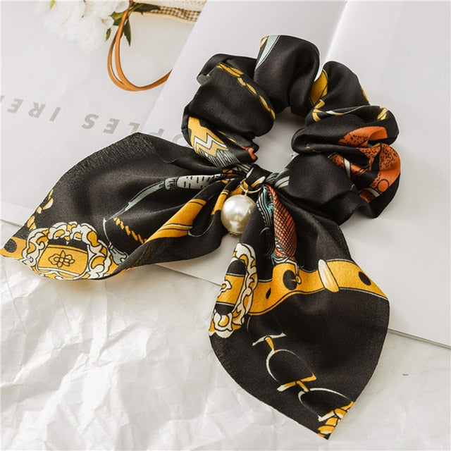 Bowknot Silk Hair Scrunchies with Pearl